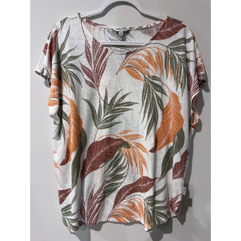 Orvis Women's Tropical Palm Leaf Linen Blend Short Sleeve Boxy Top White XXL